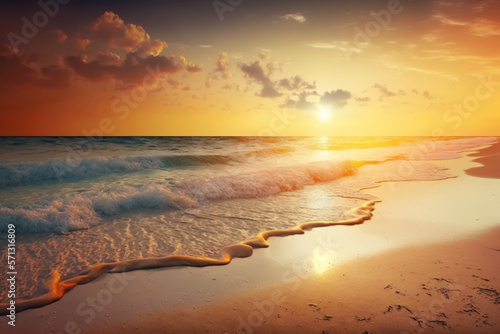 Closeup sea sand beach. Panoramic beach landscape. Inspire tropical beach seascape horizon. Orange and golden sunset sky calmness tranquil relaxing sunlight summer mood. Vacation travel, generative ai