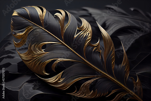Fototapeta Naklejka Na Ścianę i Meble -  Luxury gilded gold golden Black swan Feather, on black background. Luxus Wallpaper design created with Generative AI