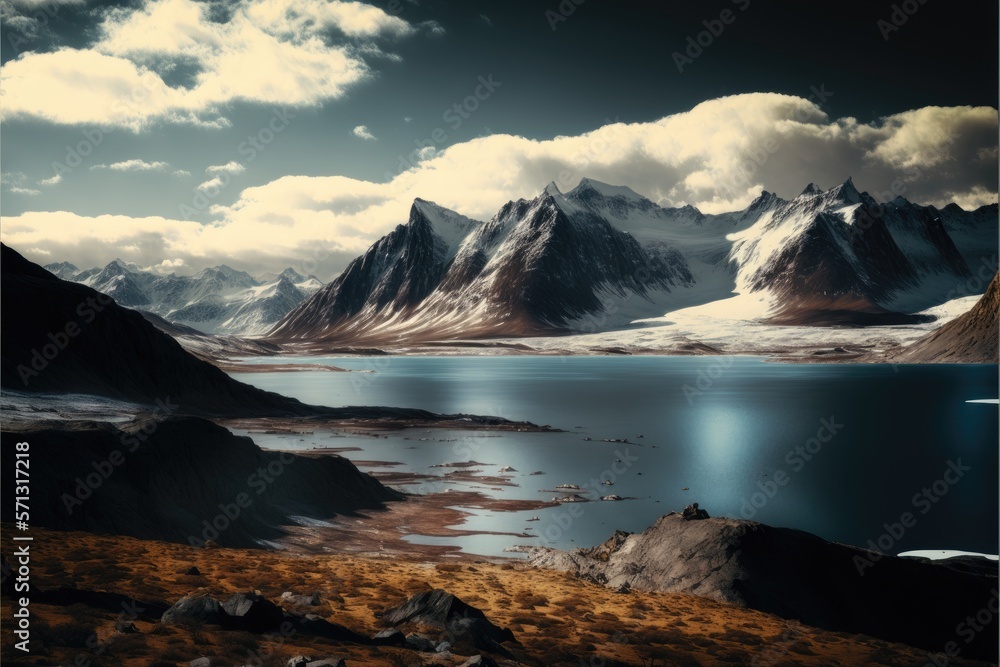 snowy mountain peaks with lake open water generative ai render