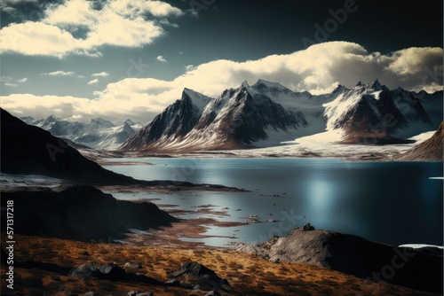 snowy mountain peaks with lake open water generative ai render
