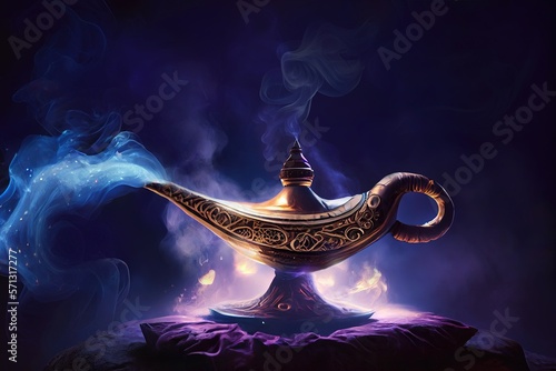 Fotografia Genie's magic lamp emitting blue smoke standing on a red pillow