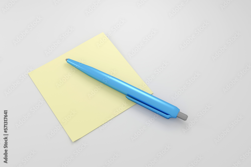 3D Illustration of Assorted School Supplies bright blue pen and yellow stick note 3D Illustration of Assorted School Supplies bright blue pen and yellow stick note