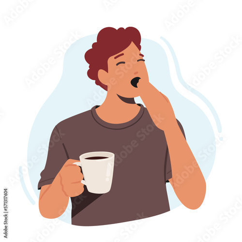 Tired Yawning Coffee Drinker Male Character With Hot Drink Cup With Source Of Energy And Refreshment