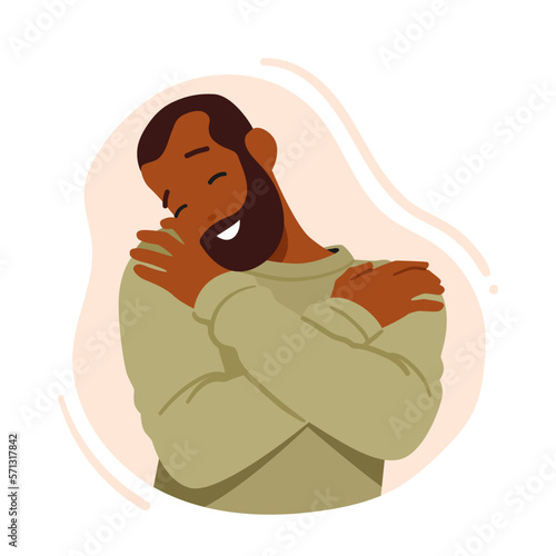 Male Character Self Embrace, Solo Hug, Act Of Self-love And Comfort. Black Selfish Man Hugging Himself