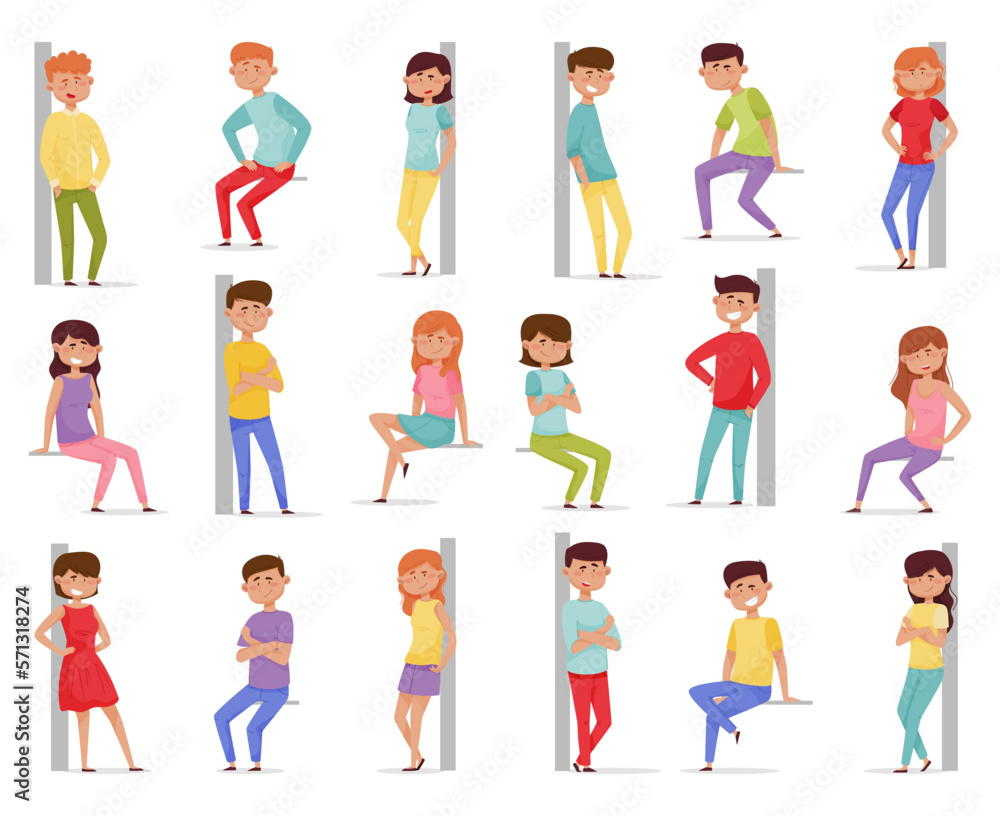 Cheerful People Characters Leaned Against the Wall and Sitting Big Vector Set
