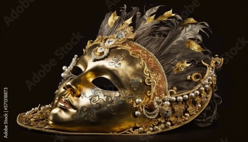  a golden mask with feathers and jewels on it's face, against a black background, with a black background and a black background.  generative ai © Anna