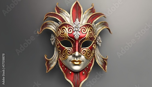  a red and gold mask on a gray background with a white mask on top of the mask and a silver mask on the bottom of the mask. generative ai