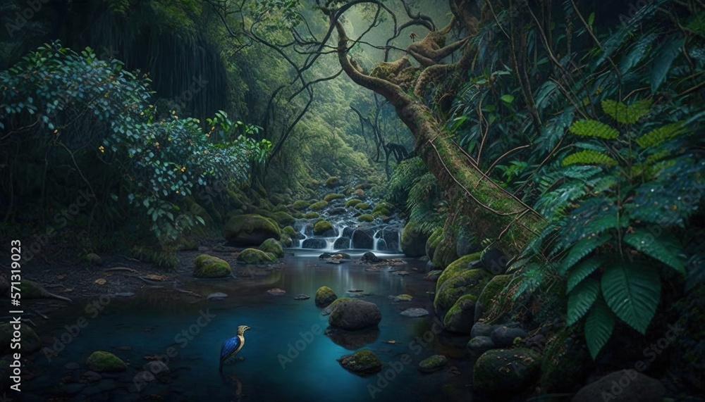 a painting of a stream in the middle of a jungle with a bird standing on the bank of the stream and a waterfall in the distance. generative ai a painting of a stream in the middle of a jungle with a bird standing on the bank of the stream and a waterfall in the distance. generative ai