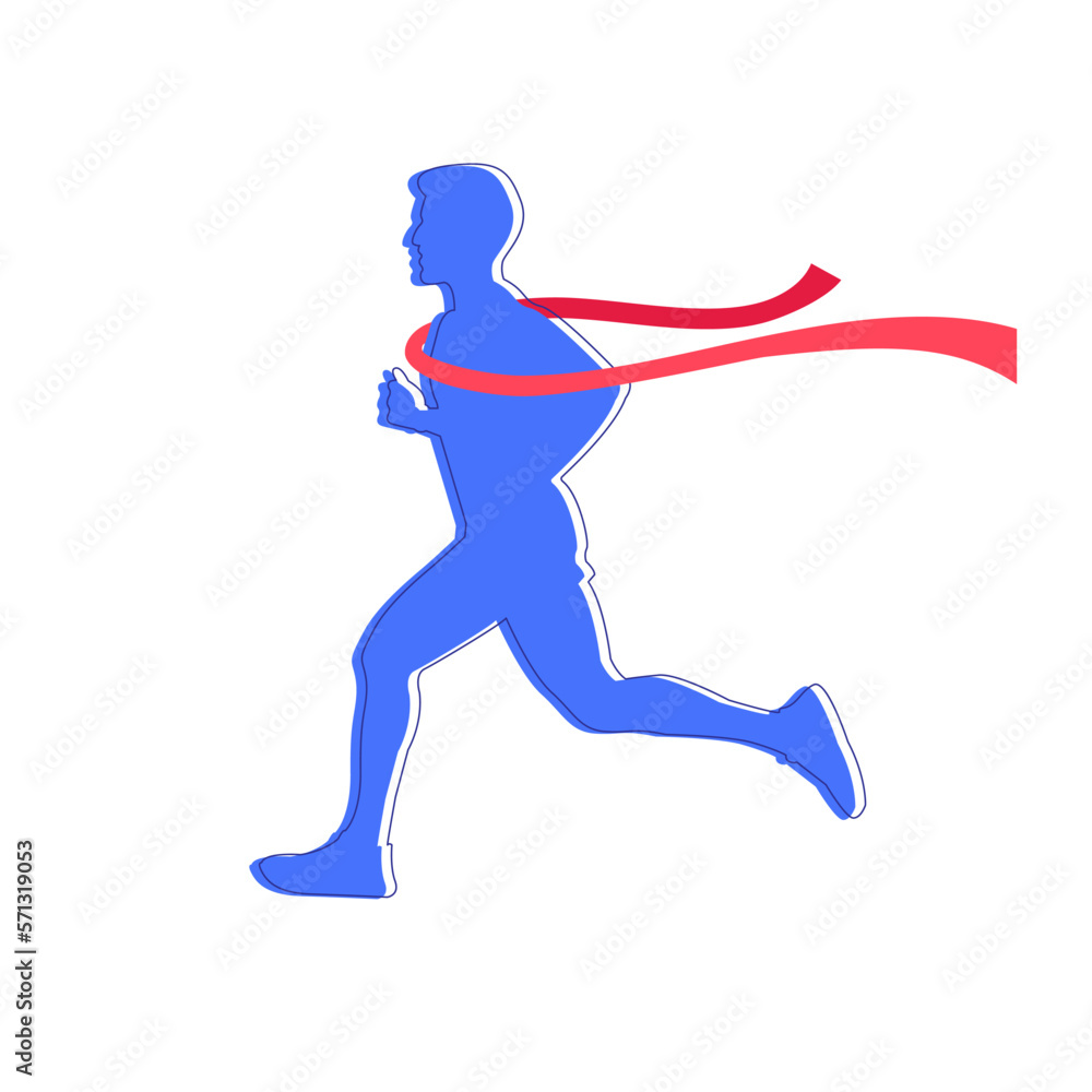 Silhouette of a man running, who came first to the finish line with a red ribbon. Winner. The first one to run. Silhouette of blue. Silhouette of a man running, who came first to the finish line with a red ribbon. Winner. The first one to run. Silhouette of blue.