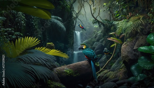 Fototapeta Naklejka Na Ścianę i Meble -   a painting of two parrots sitting on a branch in a jungle with a waterfall in the background and a waterfall in the foreground.  generative ai