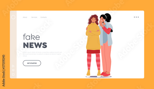 Fake News Landing Page Template. Two Women Characters Huddled Close, Whispering Secrets To Each Other