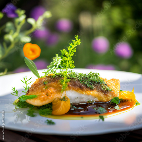 A Roasted Fish Filet with a Nice Crust Served with Herbs, A Gourmet Stock Image. AI Generated Art. photo