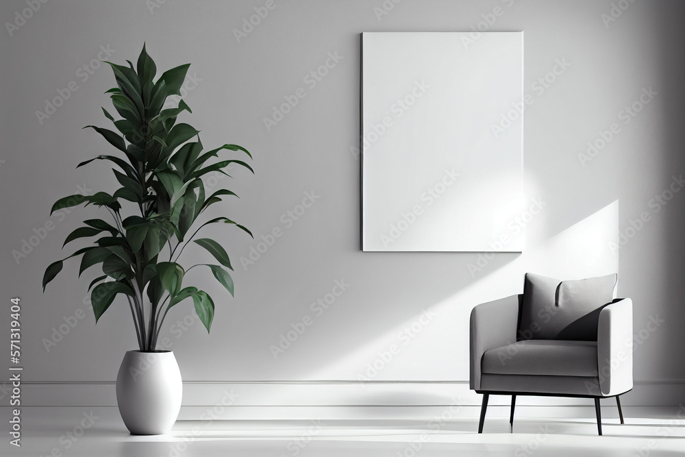 Poster mockup with vertical frames on an empty wall in living room interior with gray armchair and plants. A blank wall with a vertical poster. Generative AI.