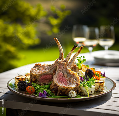 Foto Fine Dining in the Spring Garden: A Stock Image of a Tasty Rack of Lamb on a Pan