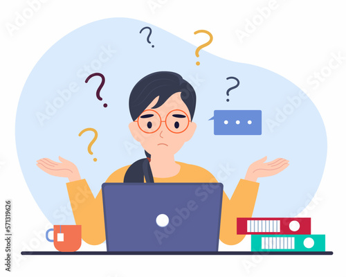 confused business women sit at laptop at workplace with coffee cup, burnout, neurosis, stress, error 