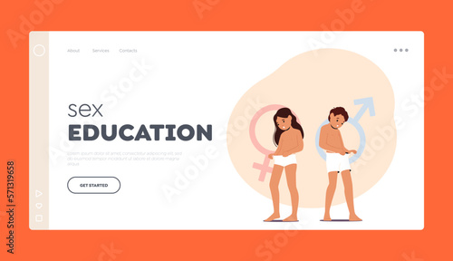 Sex Education Landing Page Template. Little Boy and Girl Learn their Sexuality and Anatomy Vector Illustration