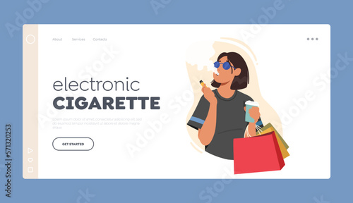 Electronic Cigarette Landing Page Template. Young Woman Smoking, Inhaling Smoke From Cigarette Vector Illustration