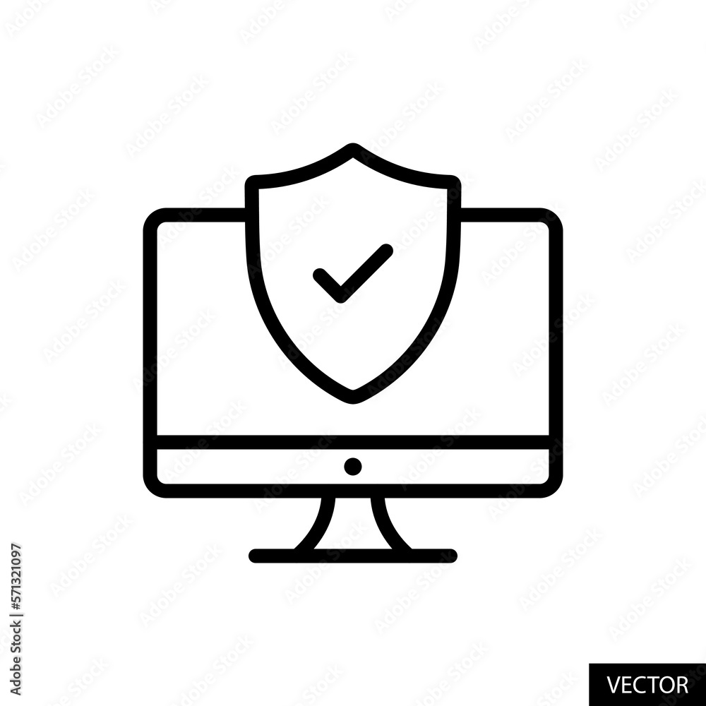 Computer with shield checkmark, data and network security concept vector icon in line style design for website, app, UI, isolated on white background. Editable stroke. Vector illustration. Computer with shield checkmark, data and network security concept vector icon in line style design for website, app, UI, isolated on white background. Editable stroke. Vector illustration.