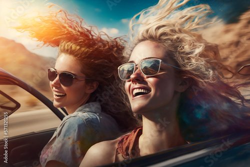 Ladies on a road trip happily enjoying the ride. Fictitious people. AI generated image photo