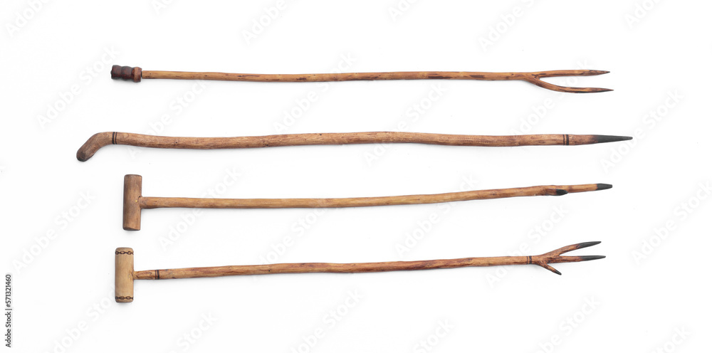collection of old wooden cane isolated on white background