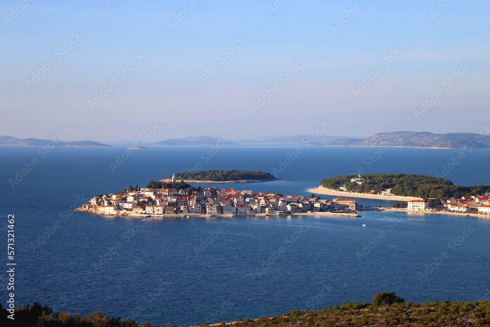 Aerial view of Primosten, small and beautiful town in Croatia. Aerial view of Primosten, small and beautiful town in Croatia.