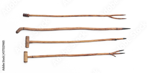 collection of old wooden cane isolated on white background