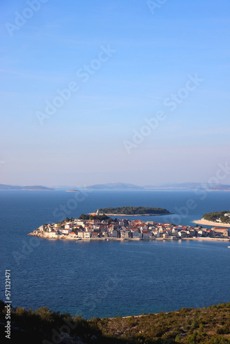 Aerial view of Primosten, small and beautiful town in Croatia.