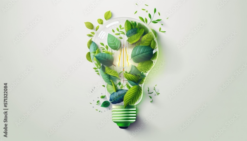 Top View Vector Illustration: Green Eco-Friendly Lightbulb from Fresh Leaves for Energy Saving and Environmental Sustainability. generative ai illustration - obrazy, fototapety, plakaty 