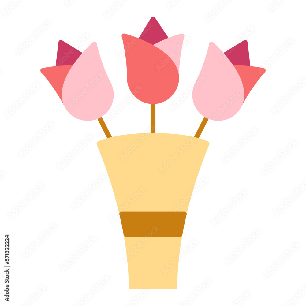 Three roses in a bouquet - icon, illustration on white background, flat color style Three roses in a bouquet - icon, illustration on white background, flat color style