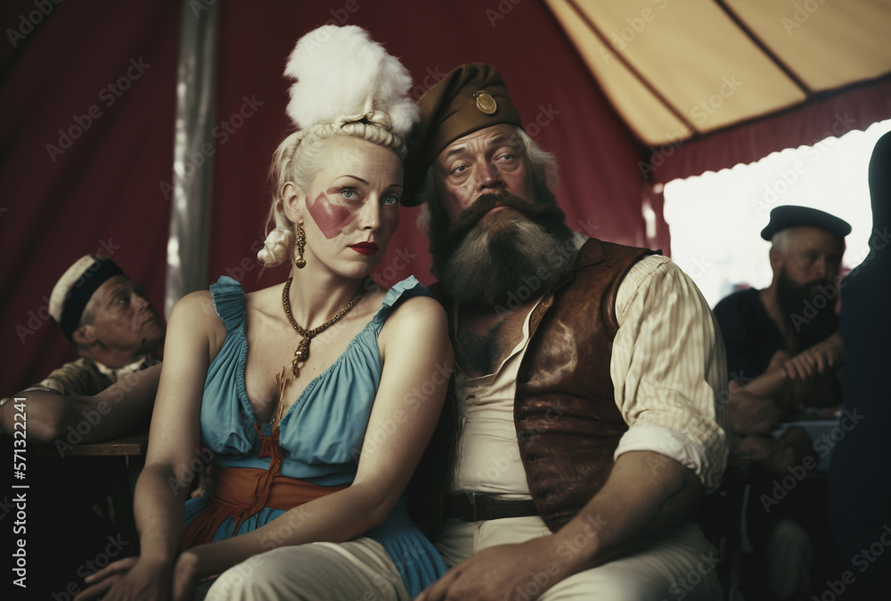 Russian circus people in a tent. Man and woman created with generative AI