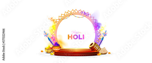 Holi Festival with 3d Product display podium Design. Happy Holi text, colorful summer day background and vintage floral decoration.