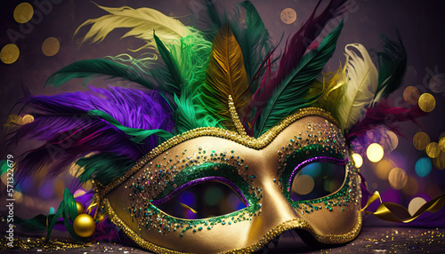 Venetian carnival mask with colored feathers, Generative AI background