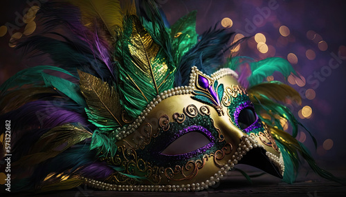 Traditional mardi gras carnival mask with purple and green feathers, golden beads, Generative AI background