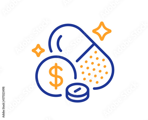 Medicine prices line icon. Medical pills price sign. Capsule or pill supplement symbol. Colorful thin line outline concept. Linear style medicine price icon. Editable stroke. Vector