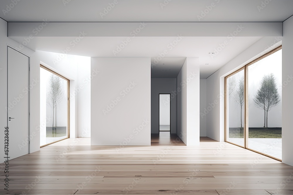 Fototapeta premium Empty room interior design, open space with white walls and parquet wooden floor, modern contemporary architecture, panoramic generative ai