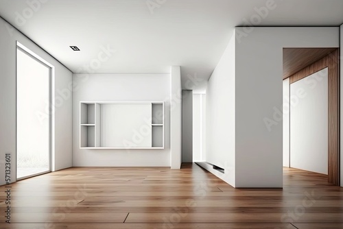 Empty room interior design, open space with white walls and parquet wooden floor, modern contemporary architecture, panoramic generative ai