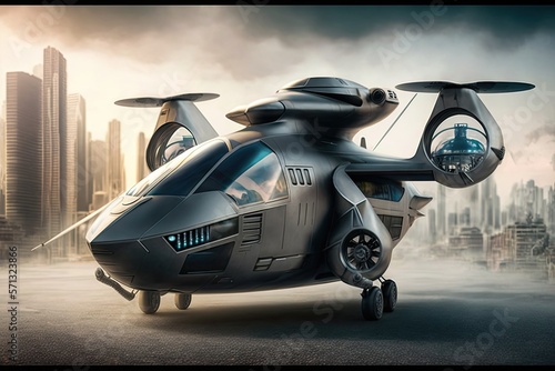 Future of Aerial Police vehicle  Air police unit in futuristic city  UAM urban air mobility  Autonomus Aerial Vehicle generative ai
