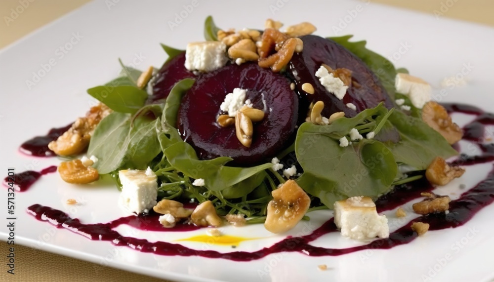 a white plate topped with a beet salad and feta cheese on top of it's leafy greens and nuts on top of it.  generative ai