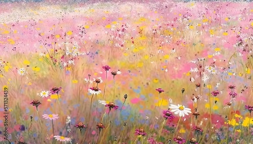 a painting of a field full of wildflowers with a blue sky in the background and a pink sky in the foreground with a few clouds. generative ai