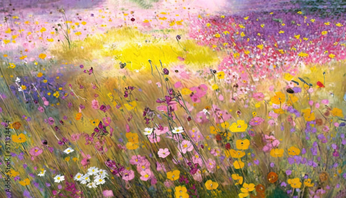  a painting of a field of flowers with a blue sky in the background and a yellow field in the foreground with a blue sky in the background. generative ai