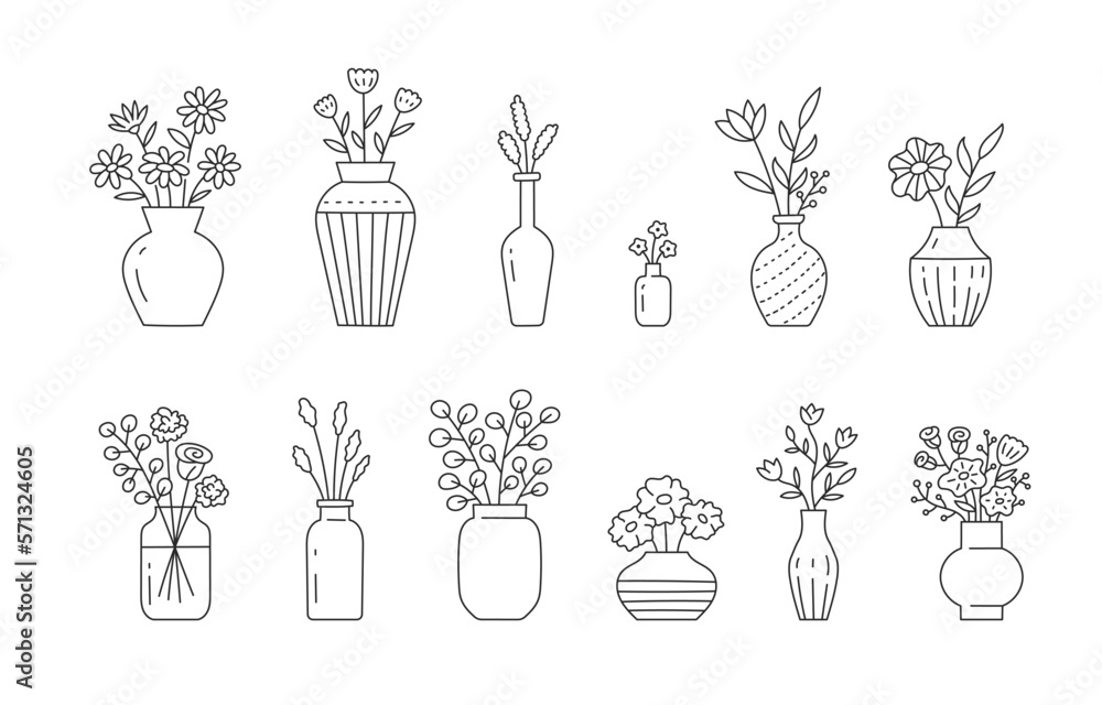 Flower in vase doodle illustration including different floral bouquets. Hand drawn cute line art about plants in interior. Thin linear drawing for coloring. Editable Stroke - obrazy, fototapety, plakaty 
