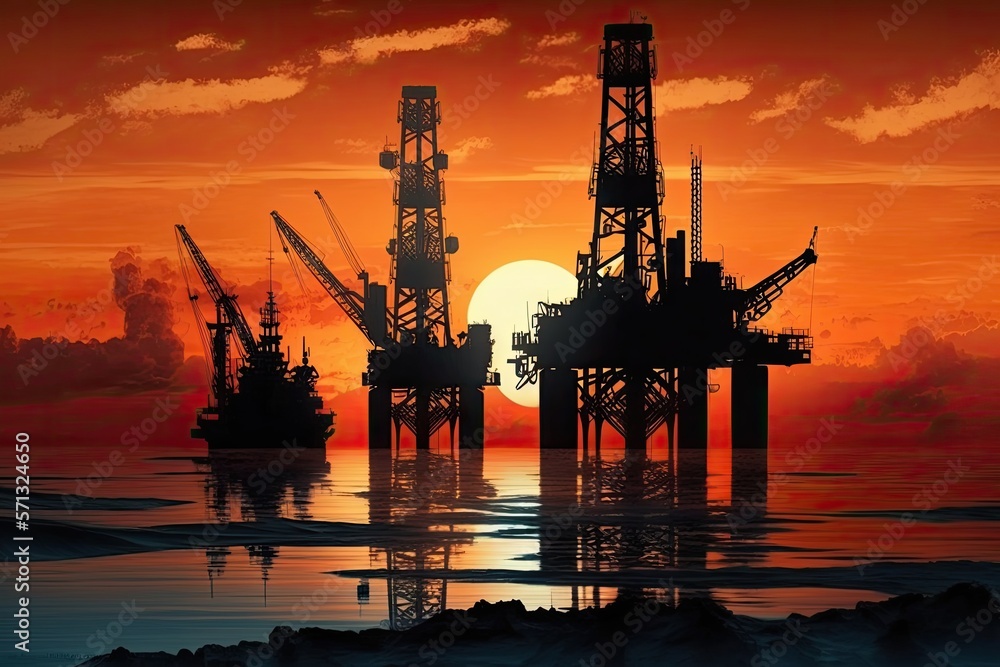 Oil Pumps And Rig At Sunset By The Sea generative ai