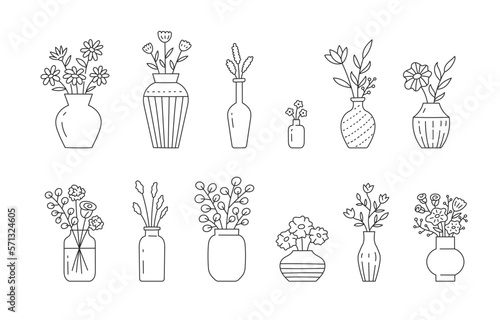 Flower in vase doodle illustration including different floral bouquets. Hand drawn cute line art about plants in interior. Thin linear drawing for coloring. Editable Stroke