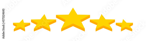 Five yellow 3d stars icon on light background. Customer product rating. Geometric shape  bonus  avard. Outline  flat and colored style. Flat design. Vector illustration.