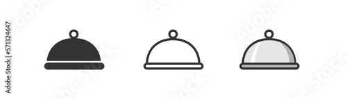 Tray of food, dish icon on light background. Reastaurent service. Waiter, covered hot food, hotel room service. Outline, flat and colored style. Flat design. Vector illustration.