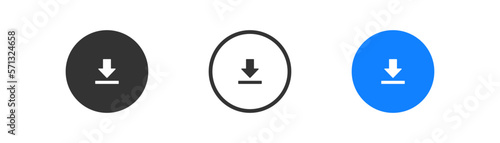 Download icon in circle on light background. Save file symbol. Download document saving, ui button, blue arrow. Outline, flat and colored style. Flat design. Vector illustration.