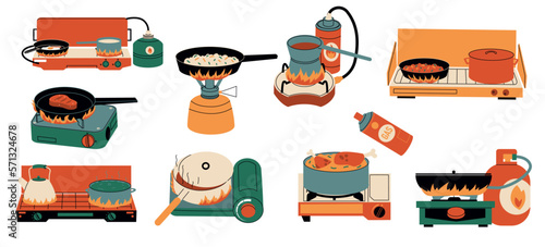 Food on stove. Cookery utensil for cooking stands on gas fire heater, kitchenware appliance on portable burner cartoon style. Vector isolated set
