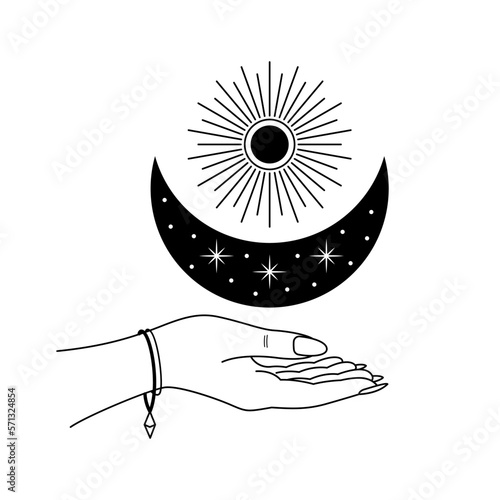 Vector linear esoteric illustration with hand holding Moon and Sun isolated on white background