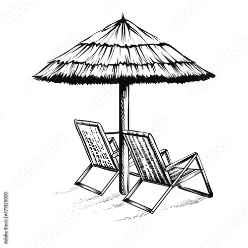 Beach umbrella with pair of sun loungers, black line sketch isolated on white background. Parasol and beach chairs, vector illustration.