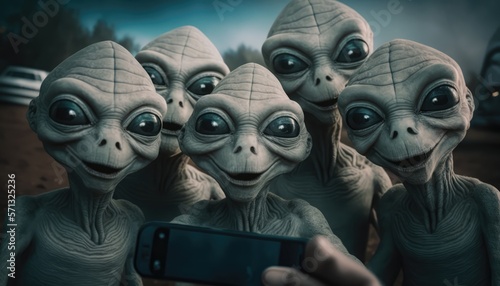 Alien Invasion. Selfie: Group of Area 51 Extraterrestrials in a Fun Pose. Generative ai illustration photo